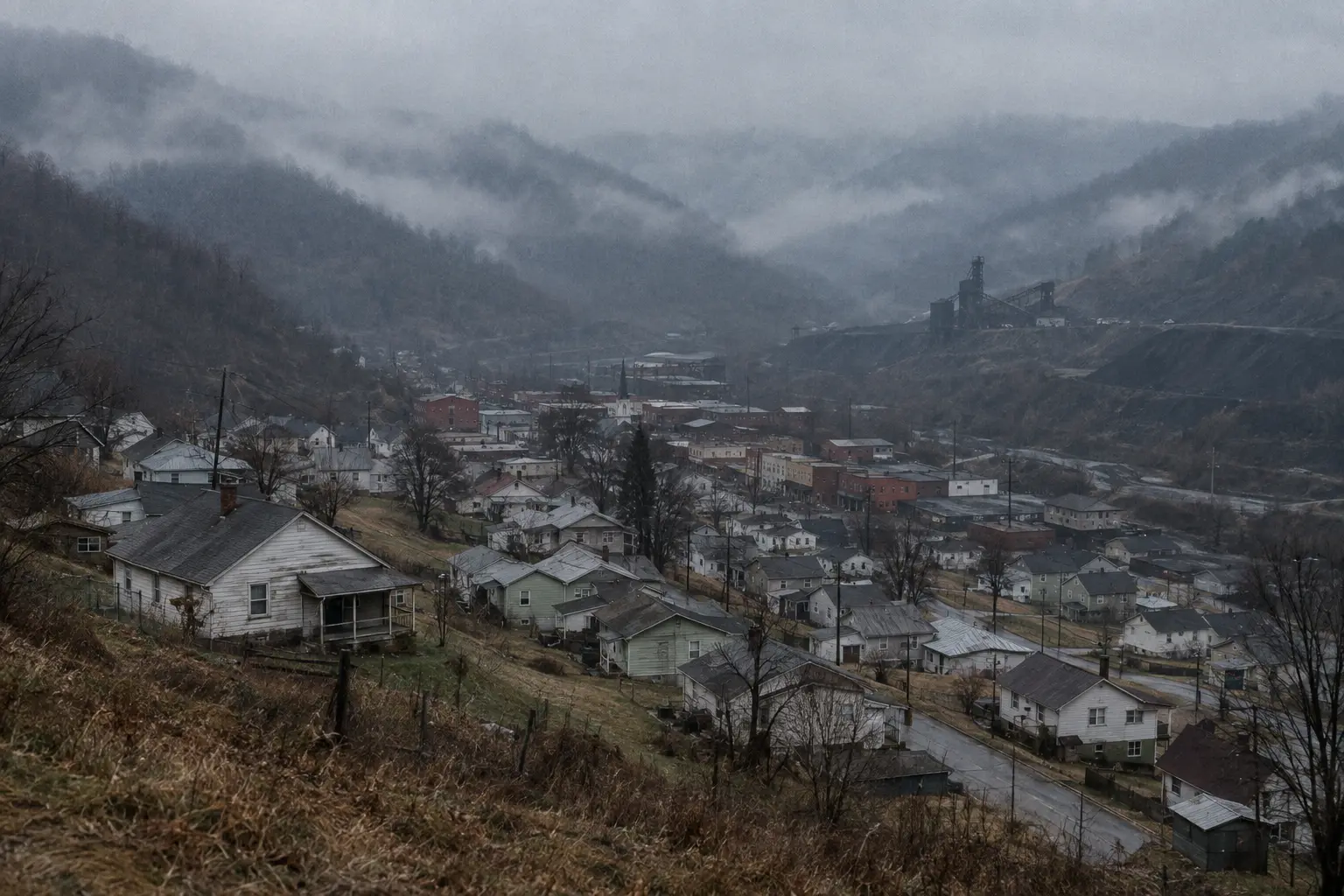 Appalachian town in fog