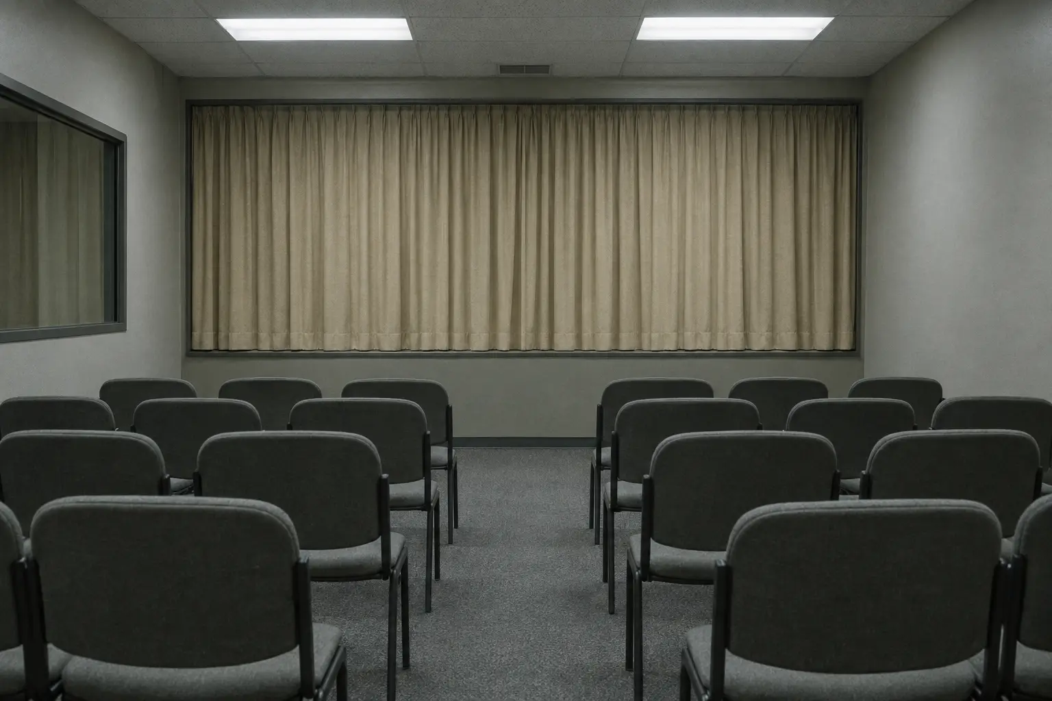 Empty witness room facing a closed curtain